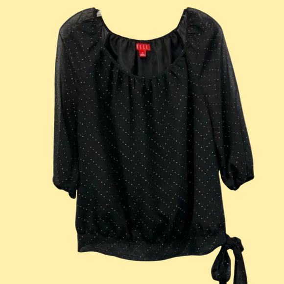 ELLE Blouse Dot Details Sheer Sleeves Scoop Neckline Tie Hem Black & Bronze  L - Picture 1 of 14